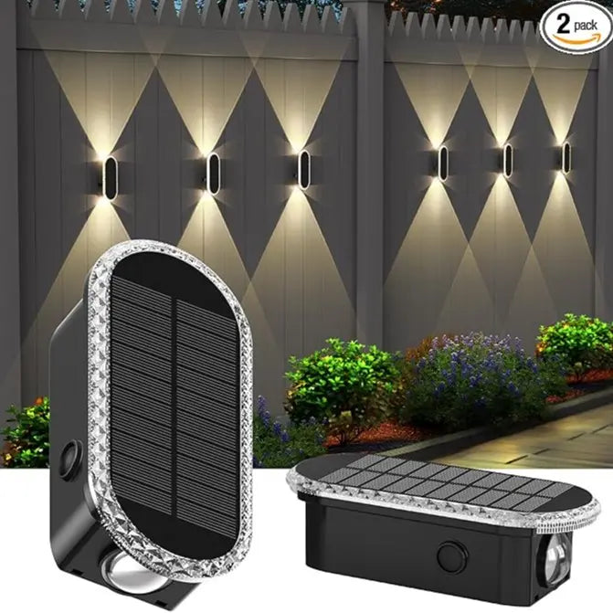 Solar Wall Lights Outdoor — Up & Down Dual-Lens, Warm White + 7 RGB Colors, IP65 Waterproof (2 Pack)