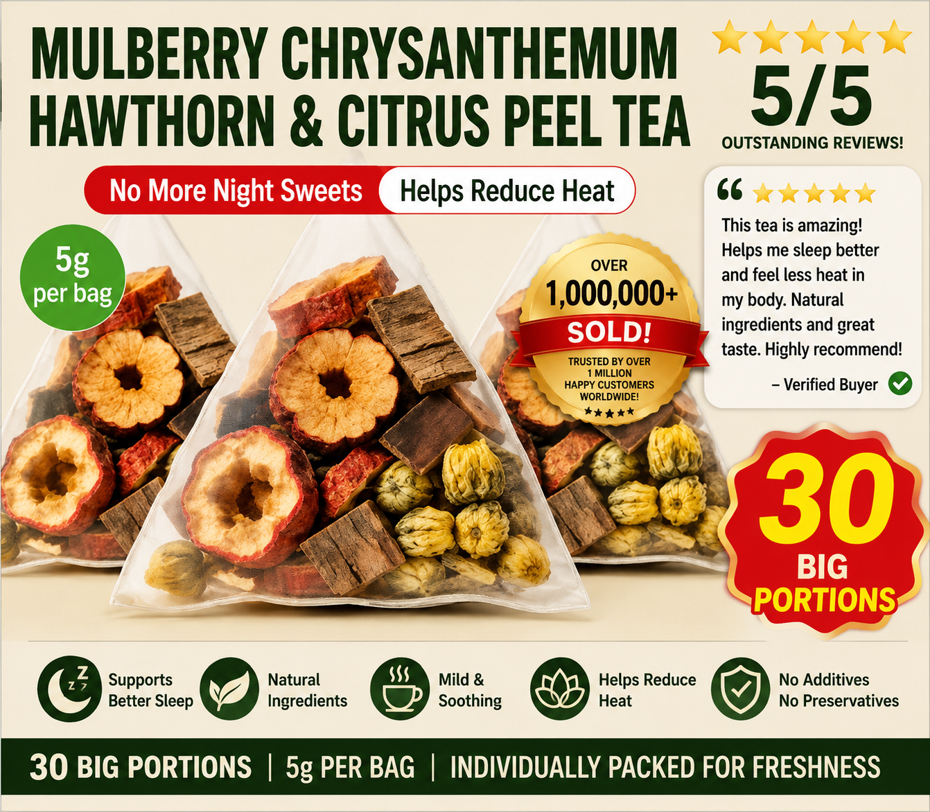 Mulberry Chrysanthemum Hawthorn & Citrus Peel Tea – No More Night Sweats, Helps Reduce Heat | Pure & Natural Herbal Tea