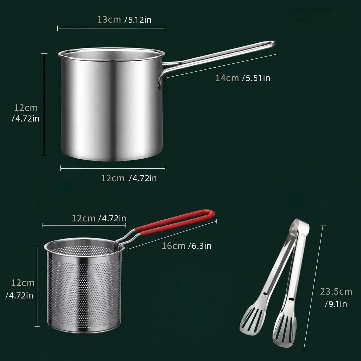 3Pcs Stainless Steel Deep Fryer Set 1-Person Mini Pot with Fry Pot, Filter Basket & Food Clip, Rust-Resistant Portable Cookware for Home Kitchen Chips, Chicken Wings