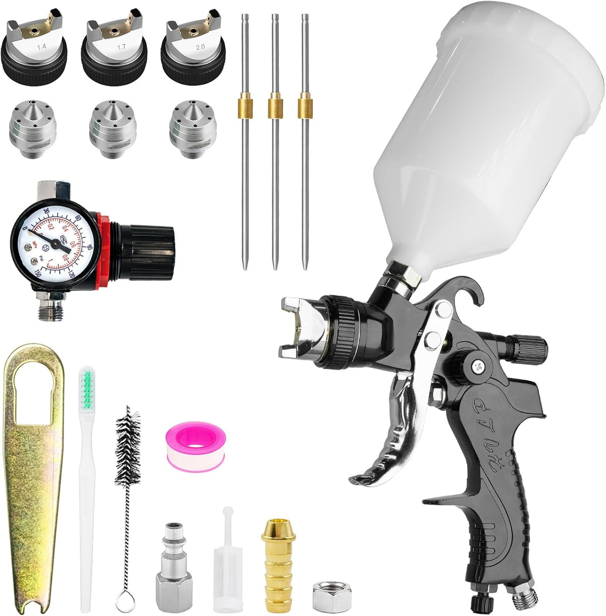HVLP Spray Gun Kit with 1.4/1.7/2.0/2.5mm Nozzles & Air Pressure, Automotive Paint Gun Gravity Feed Air Spray Paint Gun for Cars, Furniture, DIY Painting Primer, Clear/Top Coat (Black)