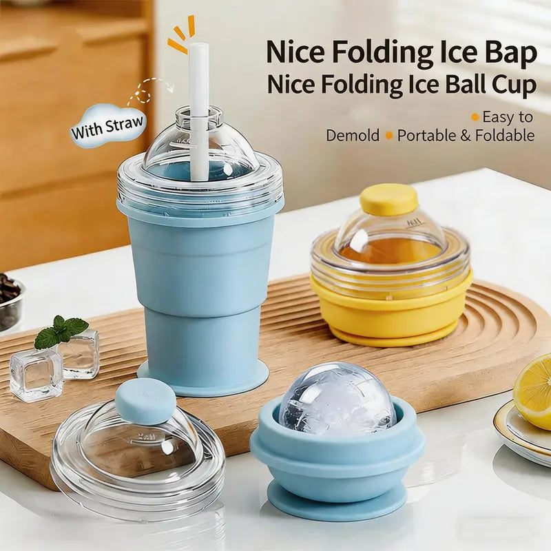 Foldable Silicone Ice Ball Cup with Straw – 2-in-1 Travel Tumbler & Ice Mold