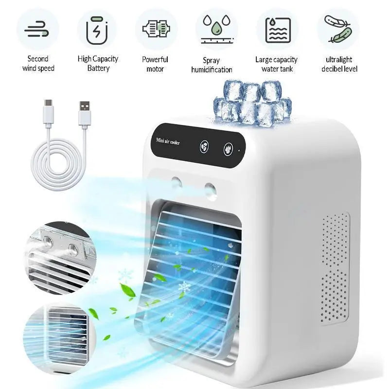 Portable Air Cooler Fan 3-in-1 — Rechargeable, 2 Mist Speeds, 500ml Tank, Ultra-Quiet for Bedroom & Office