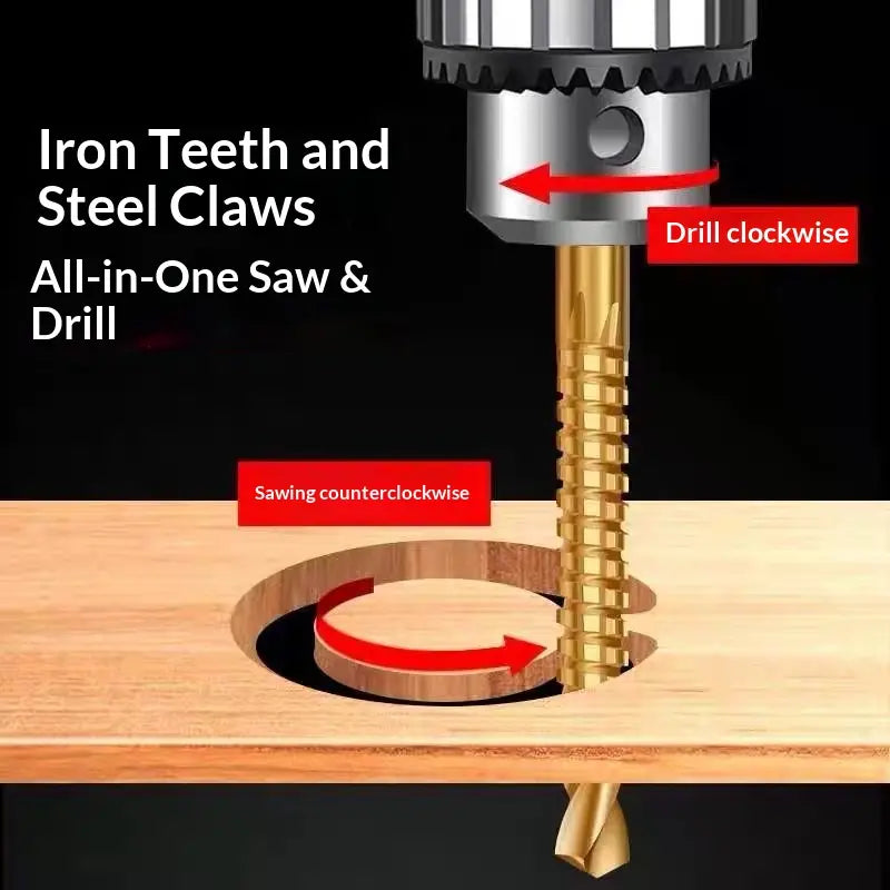 6-Piece Titanium-Plated High-Speed Steel Drill Bit Set - All-in-One Saw & Drill for Wood, Metal, Plastic