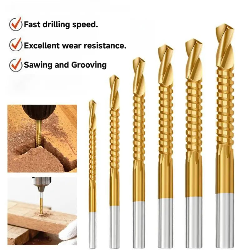 6-Piece Titanium-Plated High-Speed Steel Drill Bit Set - All-in-One Saw & Drill for Wood, Metal, Plastic