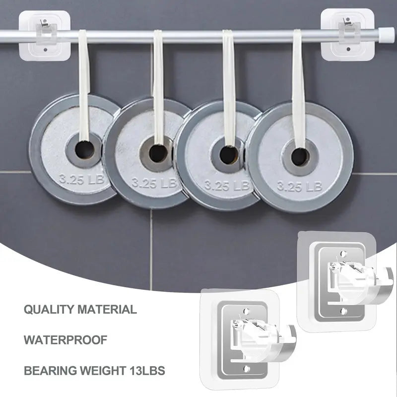 Curtain Rod Brackets with Clips (8 PCS) — No-Drill Adhesive & Screw Mount, Adjustable Transparent Holders