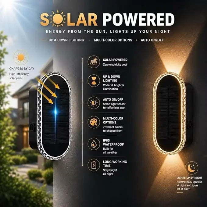 Solar Wall Lights Outdoor — Up & Down Dual-Lens, Warm White + 7 RGB Colors, IP65 Waterproof (2 Pack)