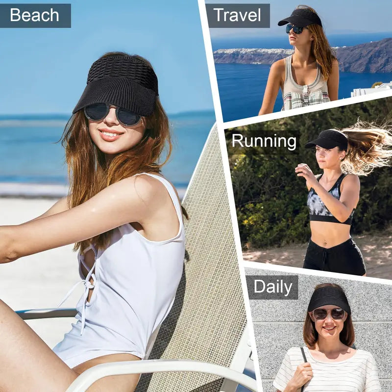 Women's Sun Visor Hat  — Open-Top Ponytail Cap, UV Protection, Foldable & Breathable
