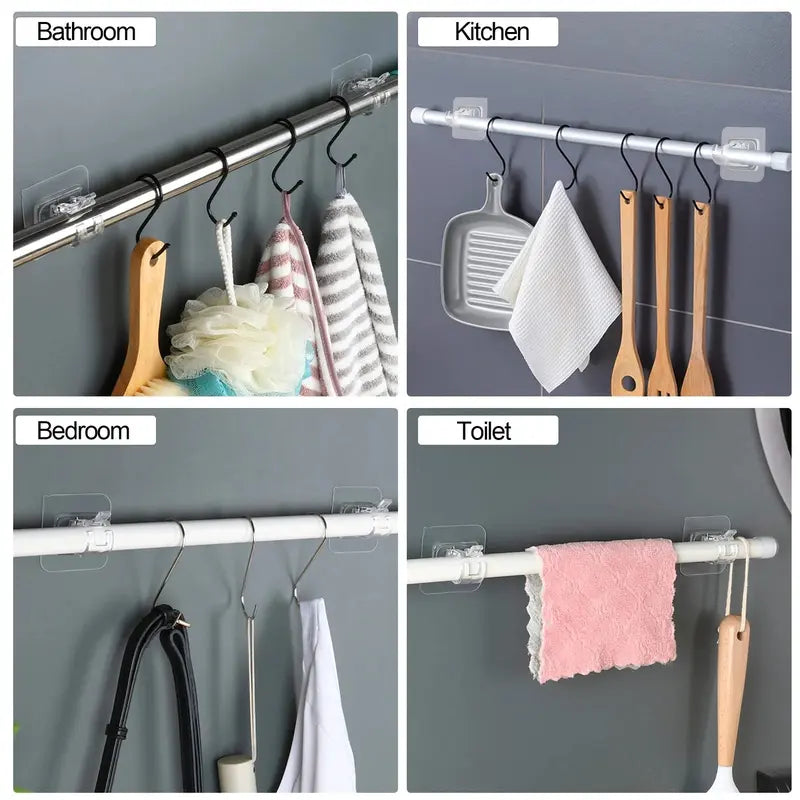 Curtain Rod Brackets with Clips (8 PCS) — No-Drill Adhesive & Screw Mount, Adjustable Transparent Holders