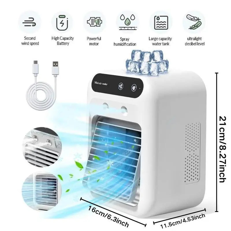 Portable Air Cooler Fan 3-in-1 — Rechargeable, 2 Mist Speeds, 500ml Tank, Ultra-Quiet for Bedroom & Office