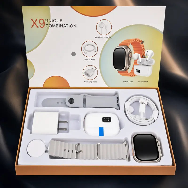 X9 Smart Watch Combo Set – 2.01" Touch Screen with Bluetooth Earbuds, Step Counter & Music Control