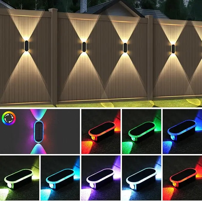 Solar Wall Lights Outdoor — Up & Down Dual-Lens, Warm White + 7 RGB Colors, IP65 Waterproof (2 Pack)