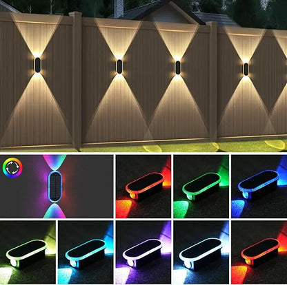 Solar Wall Lights Outdoor — Up & Down Dual-Lens, Warm White + 7 RGB Colors, IP65 Waterproof (2 Pack)