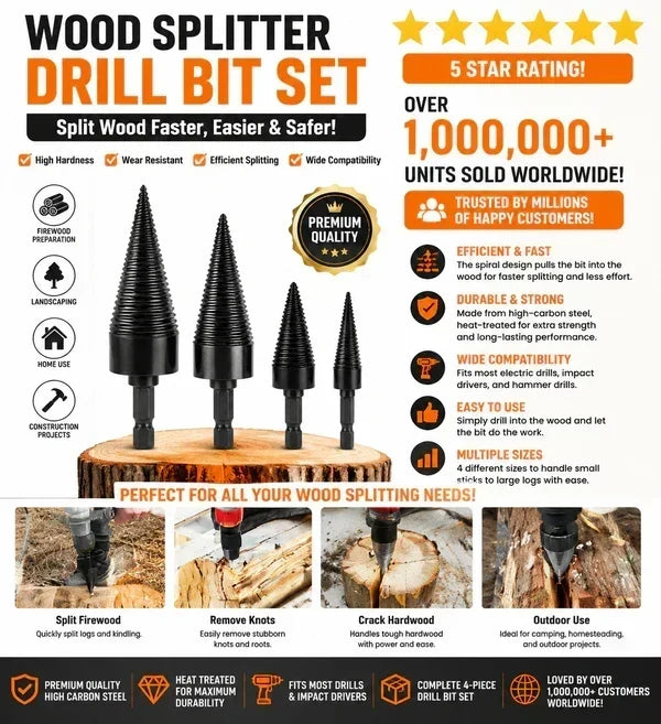 Firewood Splitter Drill Bit Set – Heavy-Duty High Carbon Steel Wood Splitting Cone, 4-Piece Set | Round + Square + Hex Shank | Fits Impact Drill, Electric Hammer & Hand Drill