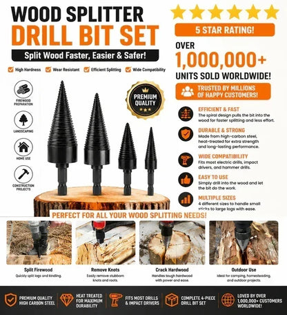 Firewood Splitter Drill Bit Set – Heavy-Duty High Carbon Steel Wood Splitting Cone, 4-Piece Set | Round + Square + Hex Shank | Fits Impact Drill, Electric Hammer & Hand Drill