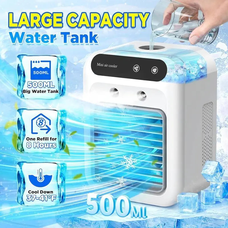 Portable Air Cooler Fan 3-in-1 — Rechargeable, 2 Mist Speeds, 500ml Tank, Ultra-Quiet for Bedroom & Office