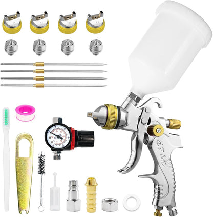 HVLP Spray Gun Kit with 1.4/1.7/2.0/2.5mm Nozzles & Air Pressure, Automotive Paint Gun Gravity Feed Air Spray Paint Gun for Cars, Furniture, DIY Painting Primer, Clear/Top Coat (Black)