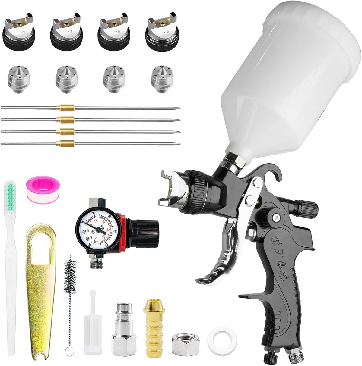 HVLP Spray Gun Kit with 1.4/1.7/2.0/2.5mm Nozzles & Air Pressure, Automotive Paint Gun Gravity Feed Air Spray Paint Gun for Cars, Furniture, DIY Painting Primer, Clear/Top Coat (Black)