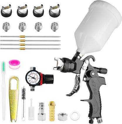 HVLP Spray Gun Kit with 1.4/1.7/2.0/2.5mm Nozzles & Air Pressure, Automotive Paint Gun Gravity Feed Air Spray Paint Gun for Cars, Furniture, DIY Painting Primer, Clear/Top Coat (Black)