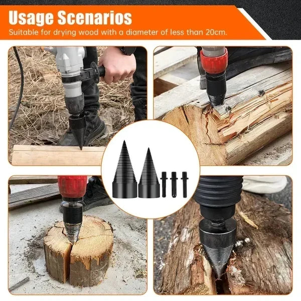 Firewood Splitter Drill Bit Set – Heavy-Duty High Carbon Steel Wood Splitting Cone, 4-Piece Set | Round + Square + Hex Shank | Fits Impact Drill, Electric Hammer & Hand Drill