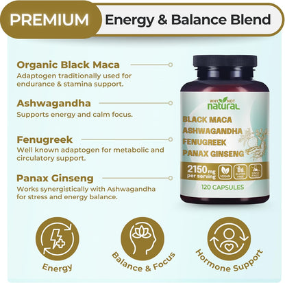 Why Not Natural 4-in-1 Organic Black Maca Root, Ashwagandha, Fenugreek, Panax Ginseng Capsules, Supplement for Men and Women