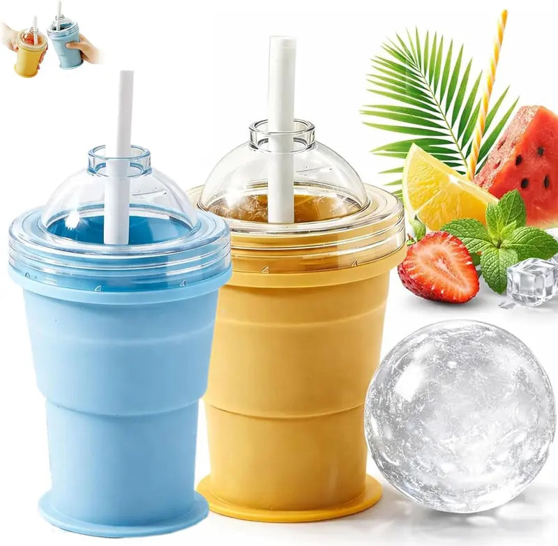 Foldable Silicone Ice Ball Cup with Straw – 2-in-1 Travel Tumbler & Ice Mold
