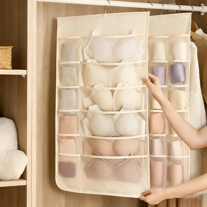 Bra and Underwear Closet Hanging Organizer with 12+18 Pockets Beige Dual Sided Wall Shelf Wardrobe Storage Bags for Bra Socks Underwear Underpants Lightweight & Durable Mesh Pockets