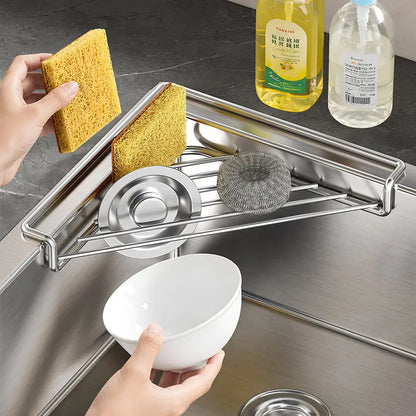 Stainless Steel Triangular Corner Sink Shelf, Drainage Open Wire Rack, Sponge Brush Cloth Holder for Kitchen Sink
