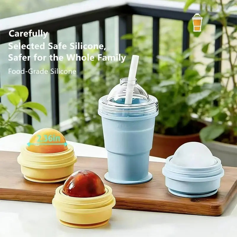 Foldable Silicone Ice Ball Cup with Straw – 2-in-1 Travel Tumbler & Ice Mold