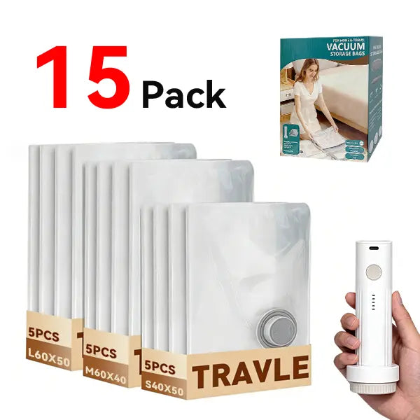 2026 Upgraded Wireless Vacuum Sealer Bags Set with Rechargeable Air Pump - 15-Pack PA+PE Waterproof Reusable Compression Bags, 3 Sizes, 140L/Min, for Travel & Carry-On Suitcases