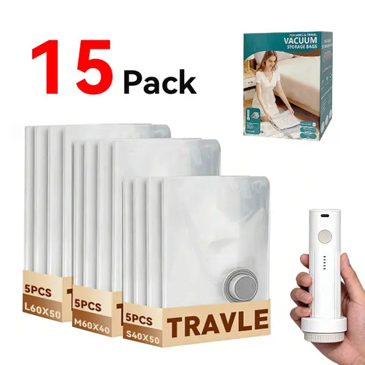 2026 Upgraded Wireless Vacuum Sealer Bags Set with Rechargeable Air Pump - 15-Pack PA+PE Waterproof Reusable Compression Bags, 3 Sizes, 140L/Min, for Travel & Carry-On Suitcases