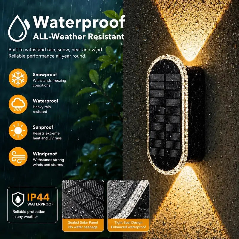 Solar Wall Lights Outdoor — Up & Down Dual-Lens, Warm White + 7 RGB Colors, IP65 Waterproof (2 Pack)