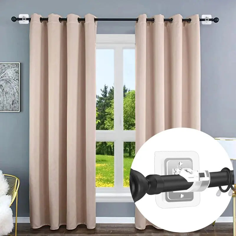 Curtain Rod Brackets with Clips (8 PCS) — No-Drill Adhesive & Screw Mount, Adjustable Transparent Holders