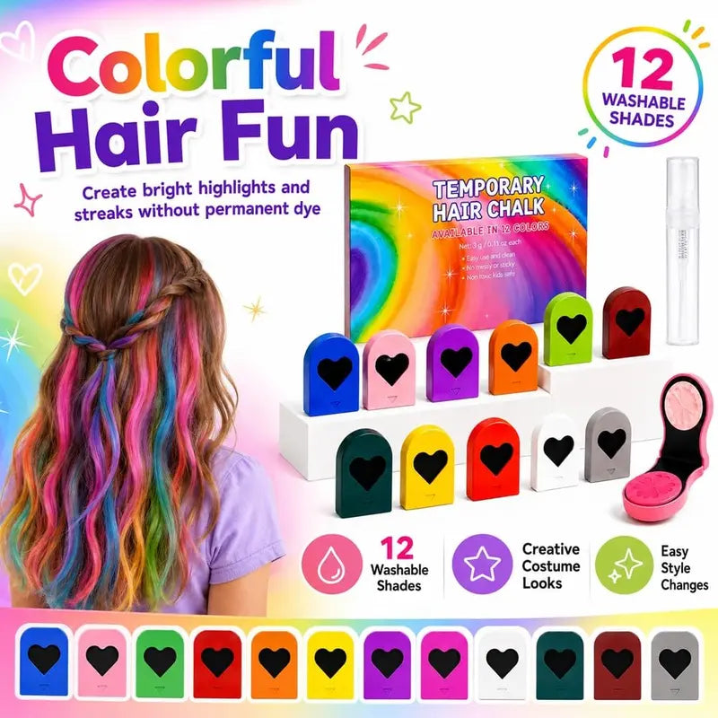 Washable Temporary Hair Chalk Set – 6–12 Vibrant Colors