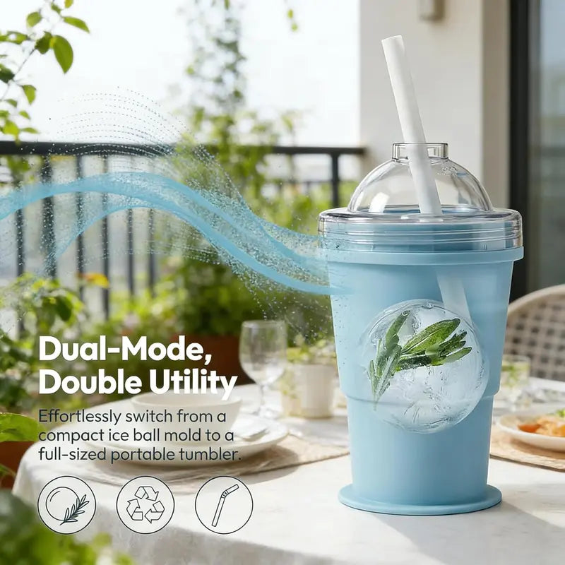 Foldable Silicone Ice Ball Cup with Straw – 2-in-1 Travel Tumbler & Ice Mold
