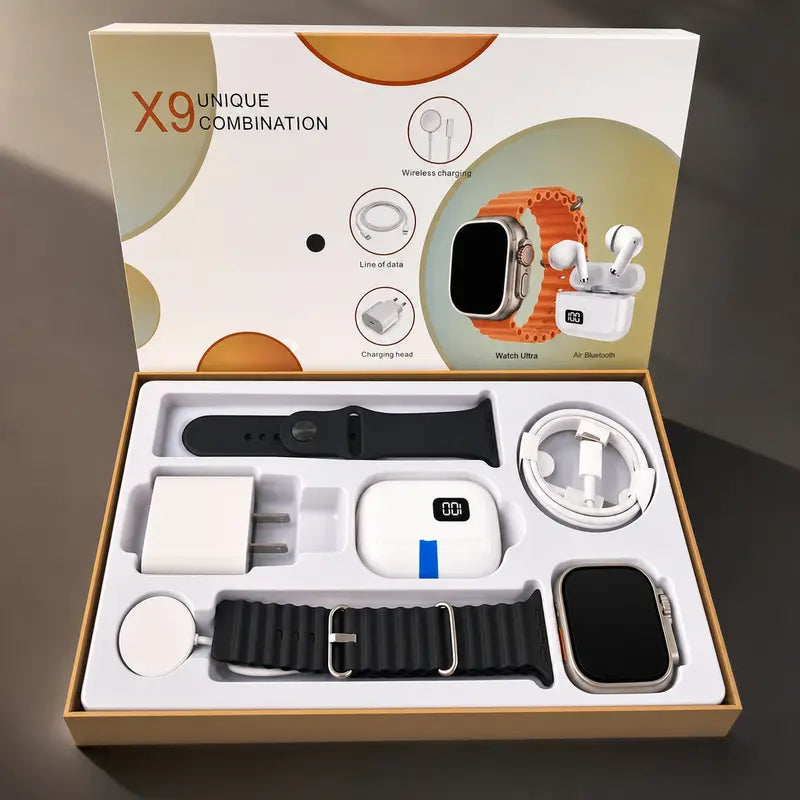 X9 Smart Watch Combo Set – 2.01" Touch Screen with Bluetooth Earbuds, Step Counter & Music Control