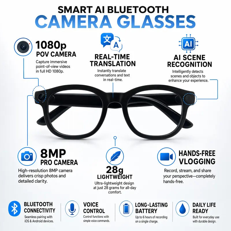Smart AI Camera Glasses — 8MP Camera, 1080P Video, Real-Time Translation, Bluetooth Voice Control, EIS Anti-Shake