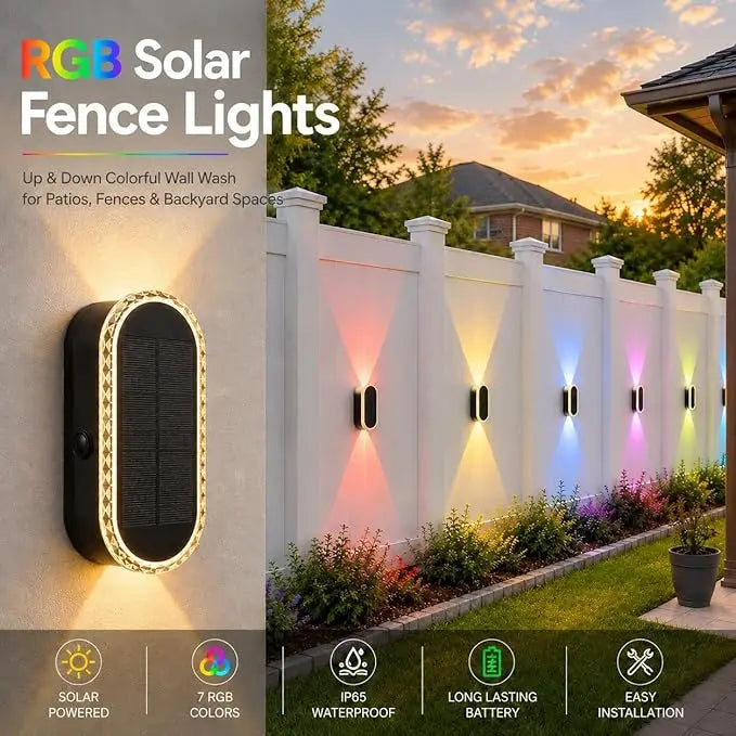 Solar Wall Lights Outdoor — Up & Down Dual-Lens, Warm White + 7 RGB Colors, IP65 Waterproof (2 Pack)