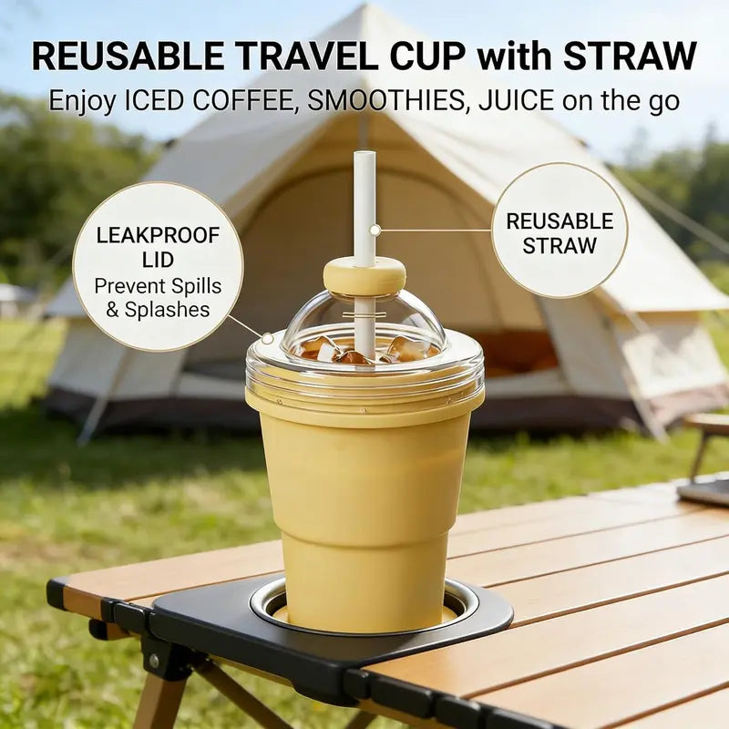 Foldable Silicone Ice Ball Cup with Straw – 2-in-1 Travel Tumbler & Ice Mold