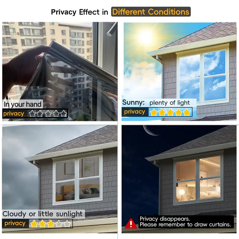 Black One-Way Mirror Privacy Window Film - Heat Insulation, 94% UV Blocking, Daytime Privacy for Home & Office