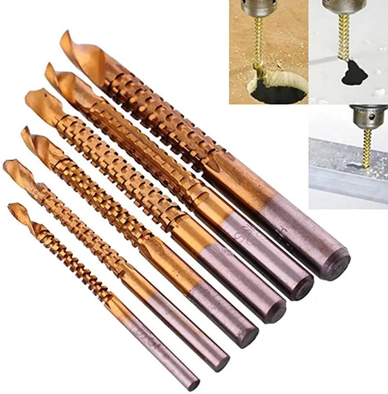 6-Piece Titanium-Plated High-Speed Steel Drill Bit Set - All-in-One Saw & Drill for Wood, Metal, Plastic