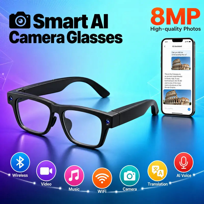 Smart AI Camera Glasses — 8MP Camera, 1080P Video, Real-Time Translation, Bluetooth Voice Control, EIS Anti-Shake