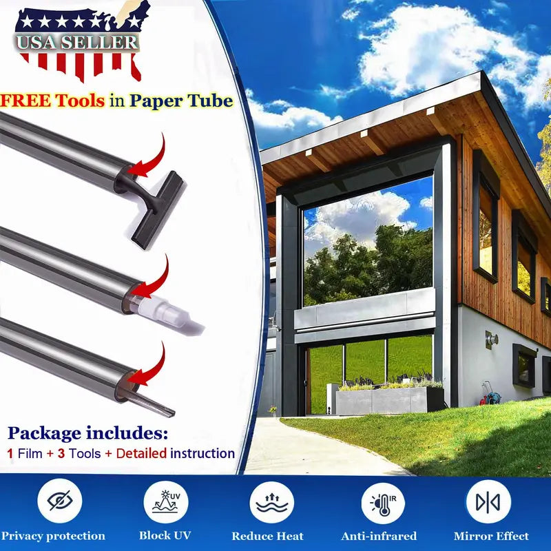 Black One-Way Mirror Privacy Window Film - Heat Insulation, 94% UV Blocking, Daytime Privacy for Home & Office