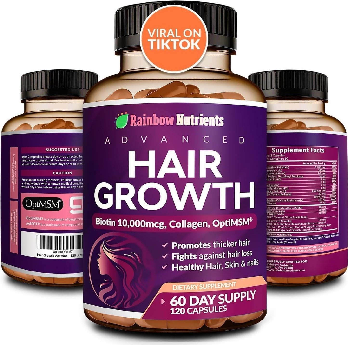 Rainbow Nutrients Hair Growth Formula Collagen & Biotin Complex for Healthy Hair, Skin & Nails from Within